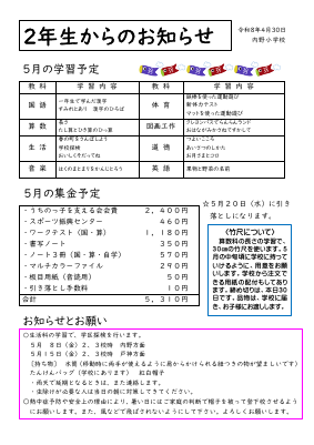 ２年生からのお知らせ　５月.pdfの1ページ目のサムネイル